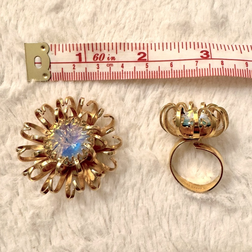 Vintage©️Sarah Cov Opalescent Rivoli Rhinestone Chrysanthemum Pin/Brooch & Ring